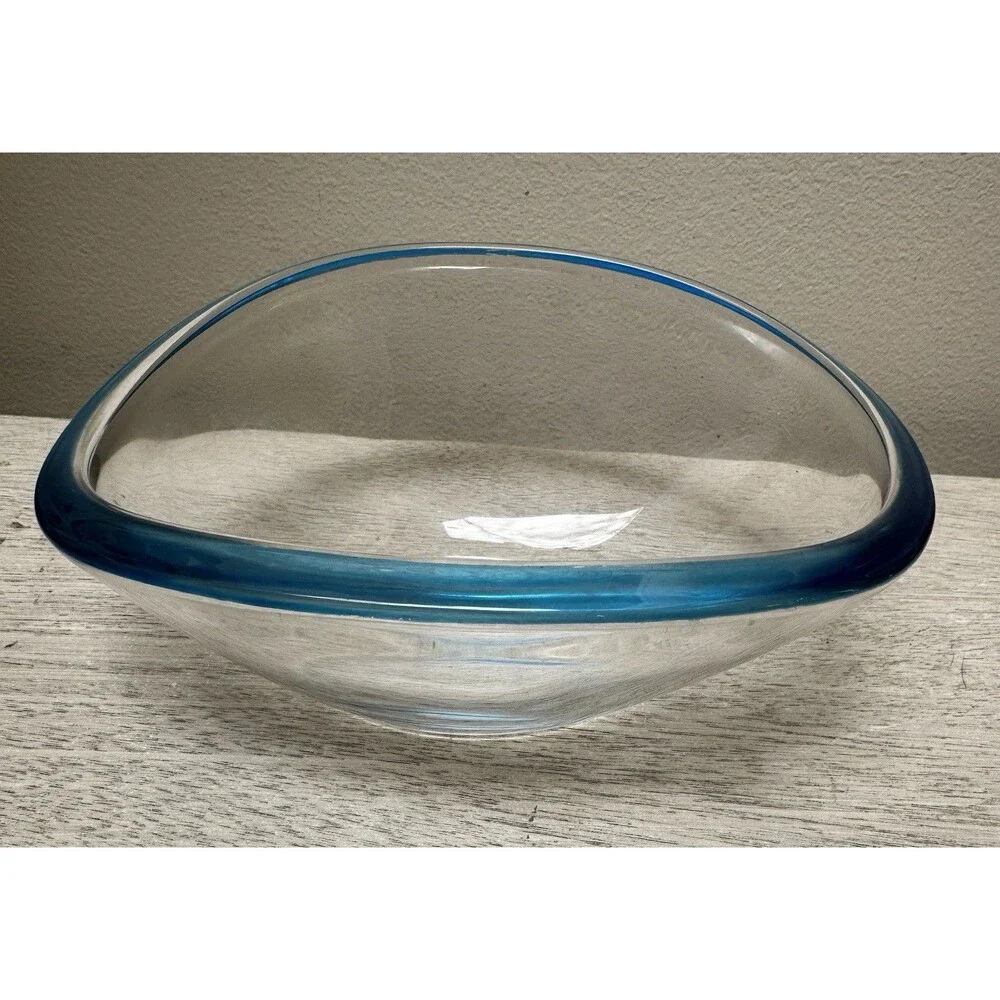 Holmegaard Selandia Style Art Glass Bowl Blue Rim Tri-Corner 7